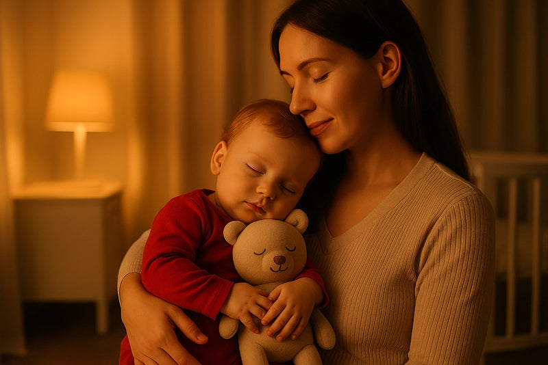 Mutter hält schlafendes Baby im Arm und Baby hat Teddy in der Hand