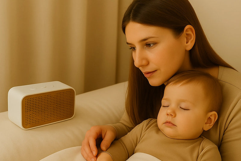 Baby schläft bei Mutter auf dem Arm ein und Musikbox daneben