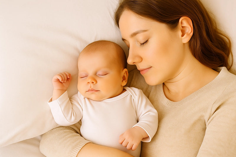 Baby schläft ein mit Mutter im Arm rechts daneben