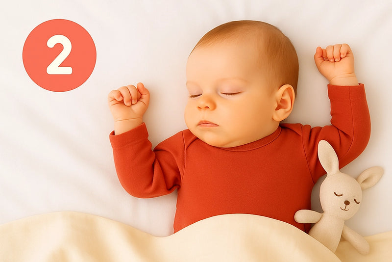 Baby schläft mit Hasenkuscheltier und links steht eine 2