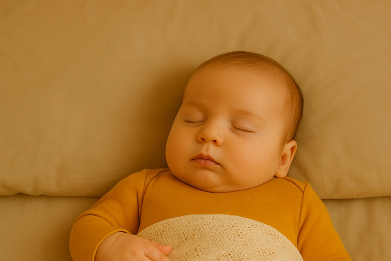 Baby liegt auf Bett und schläft