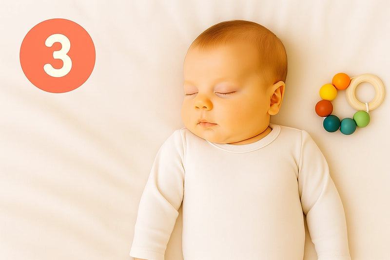Baby schläft neben buntem Spielzeug und links steht eine 3