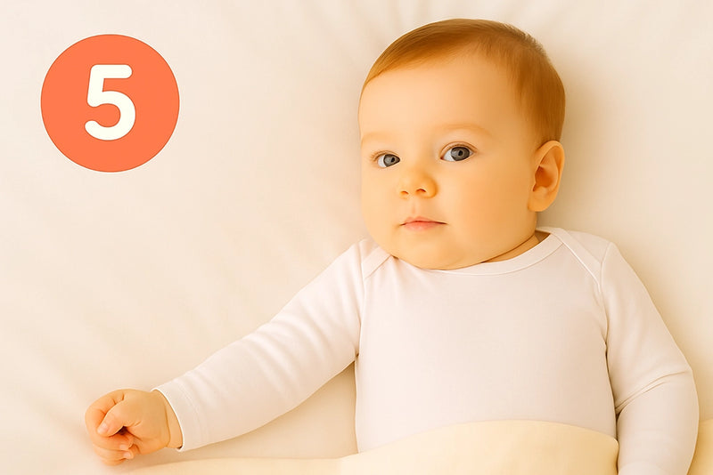 Baby bereit zum schlafen und links steht eine 5