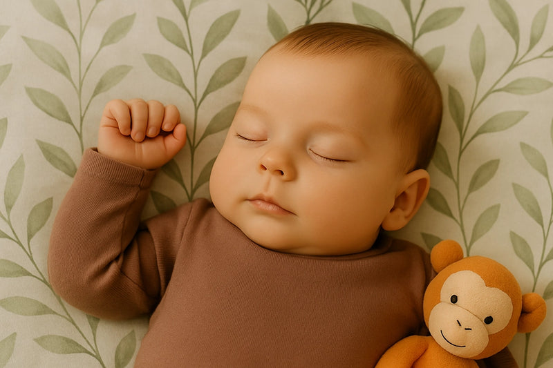 Baby liegt auf einer Decke mit Pflanzen muster und schläft