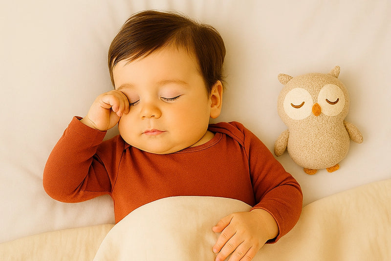 Baby schläft mit Eulenkuscheltier nebendran ein und reibt sich das Auge